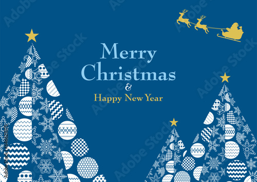 雪の結晶とオーナメントでできたクリスマスツリーとサンタクロース　A4横位置　青バック