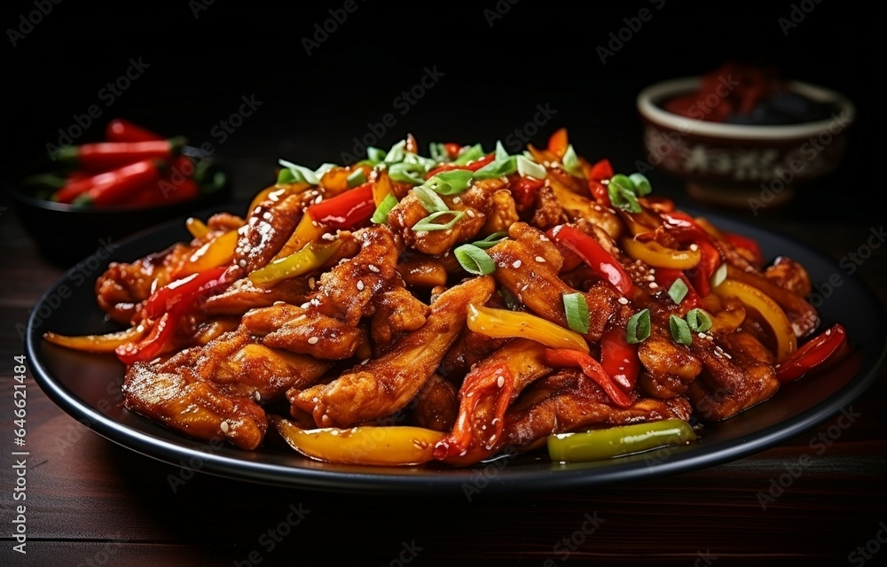 Chinese cuisine, capsicum Very tasty fried chicken. Generative AI Chinese cuisine, capsicum Very tasty fried chicken. Generative AI