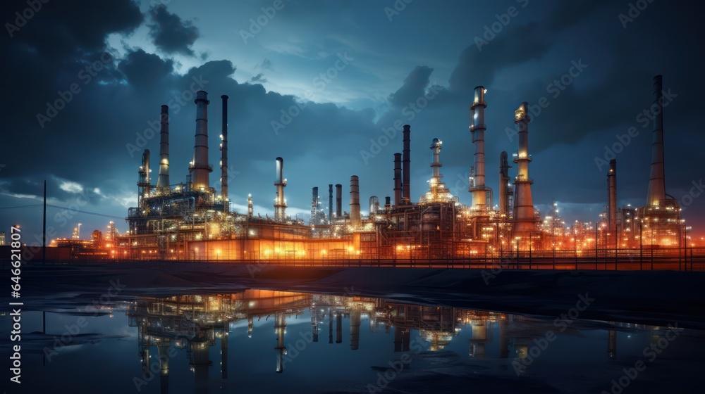 Oil refinery field at night. The petrochemical industry.