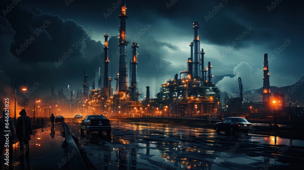 Oil refinery field at night. The petrochemical industry.