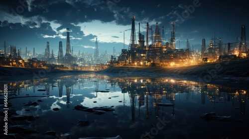 Oil refinery field at night. The petrochemical industry.