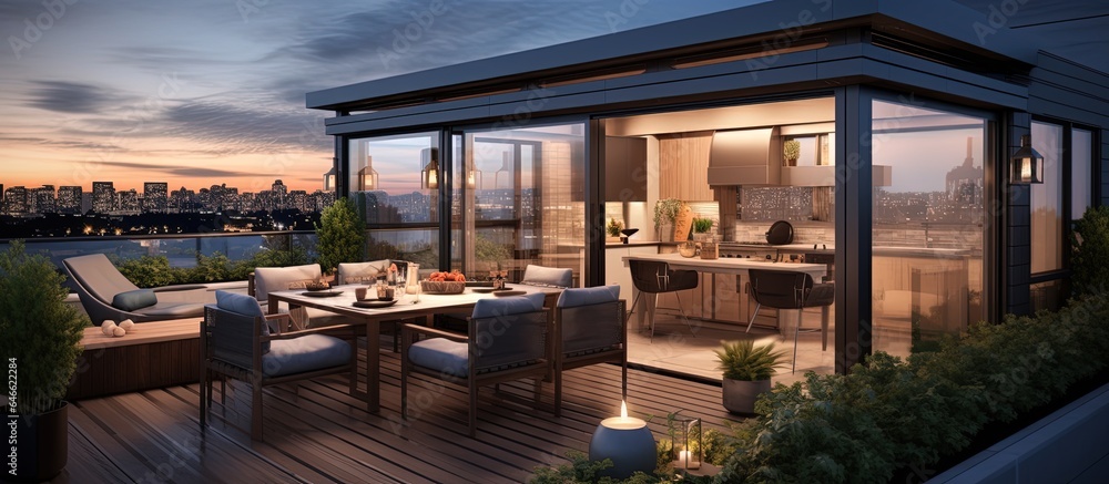 Roof terrace featuring sliding doors and open kitchen during a warm rainy day. Roof terrace featuring sliding doors and open kitchen during a warm rainy day.