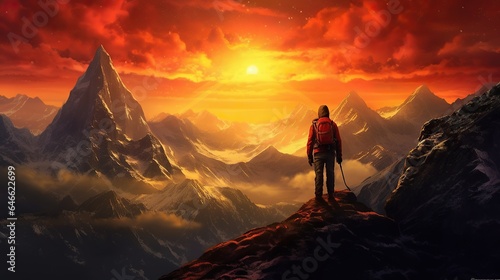 free photos man standing on the top of a rocky mountain. Colorful Sky Sunrise Background Landscape.