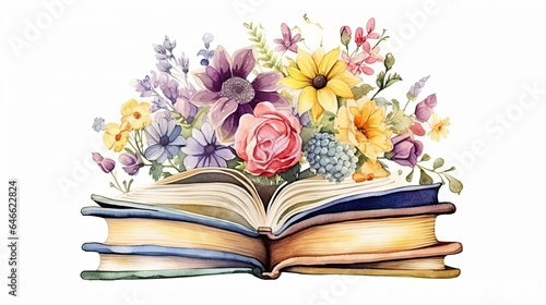 international literacy day watercolor illustration. Watercolor card with color books and flowers on white background © Ziyan Yang