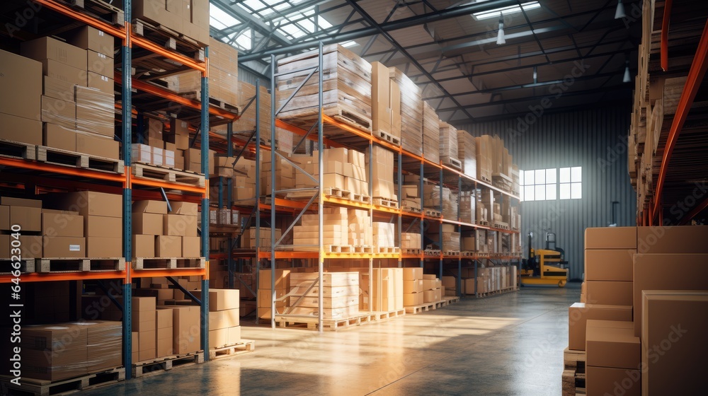 In a warehouse with shelves full of cardboard boxes and packages, goods are displayed on shelves. In a warehouse with shelves full of cardboard boxes and packages, goods are displayed on shelves.