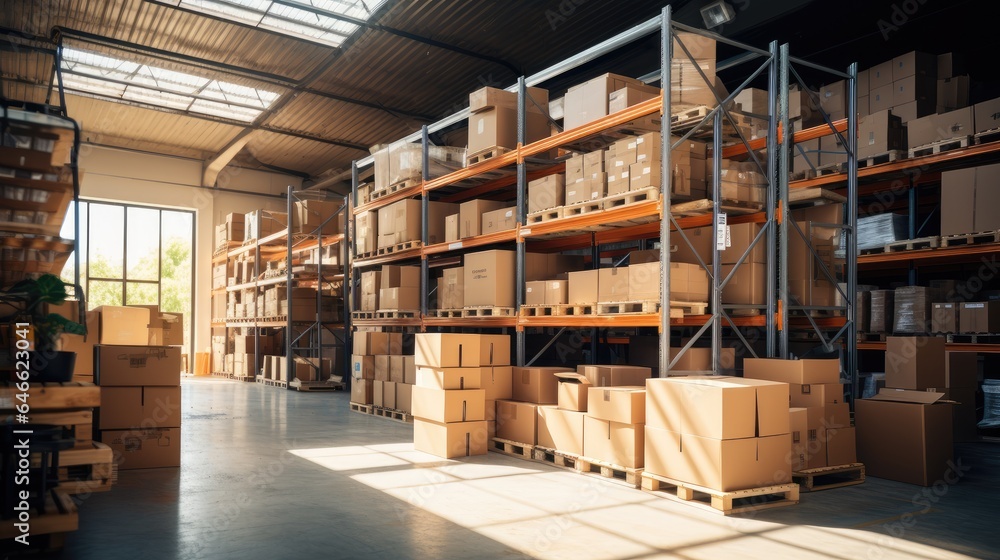 In a warehouse with shelves full of cardboard boxes and packages, goods are displayed on shelves. In a warehouse with shelves full of cardboard boxes and packages, goods are displayed on shelves.