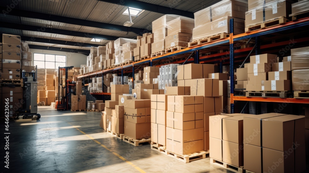 In a warehouse with shelves full of cardboard boxes and packages, goods are displayed on shelves. In a warehouse with shelves full of cardboard boxes and packages, goods are displayed on shelves.