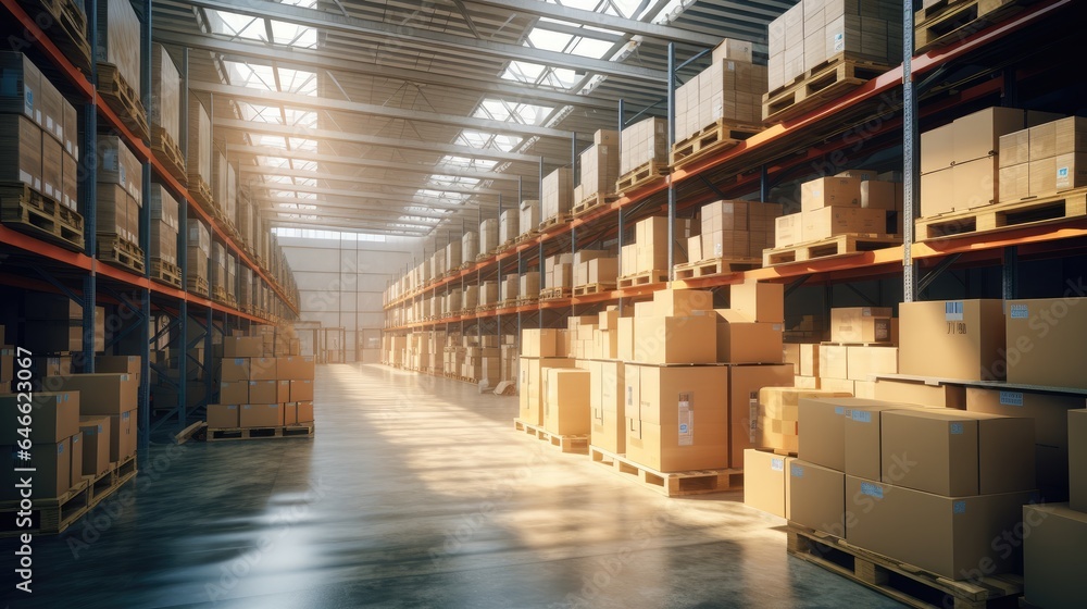 In a warehouse with shelves full of cardboard boxes and packages, goods are displayed on shelves. In a warehouse with shelves full of cardboard boxes and packages, goods are displayed on shelves.