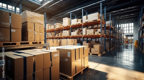 In a warehouse with shelves full of cardboard boxes and packages, goods are displayed on shelves.