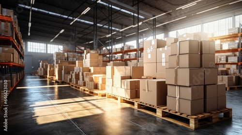 In a warehouse with shelves full of cardboard boxes and packages, goods are displayed on shelves.