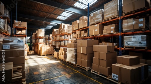 In a warehouse with shelves full of cardboard boxes and packages, goods are displayed on shelves. © ND STOCK