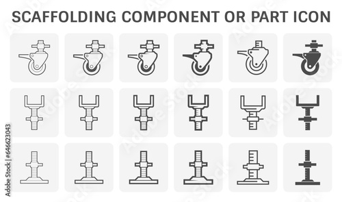 Component part of scaffold, staging vector icon consist of swivel caster, U-head jack and base jack or plate. Equipment for structure to support work in construction, maintenance, repair building.
