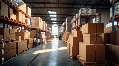 In a warehouse with shelves full of cardboard boxes and packages, goods are displayed on shelves. © ND STOCK