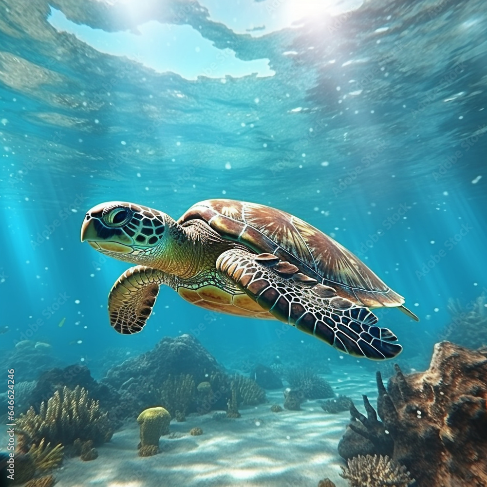 Obraz premium a turtle swimming looking for food