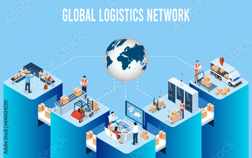 3D isometric Global logistics network concept with Transportation operation service, Supply Chain Management - SCM, Company Logistics Processes. Vector illustration EPS 10