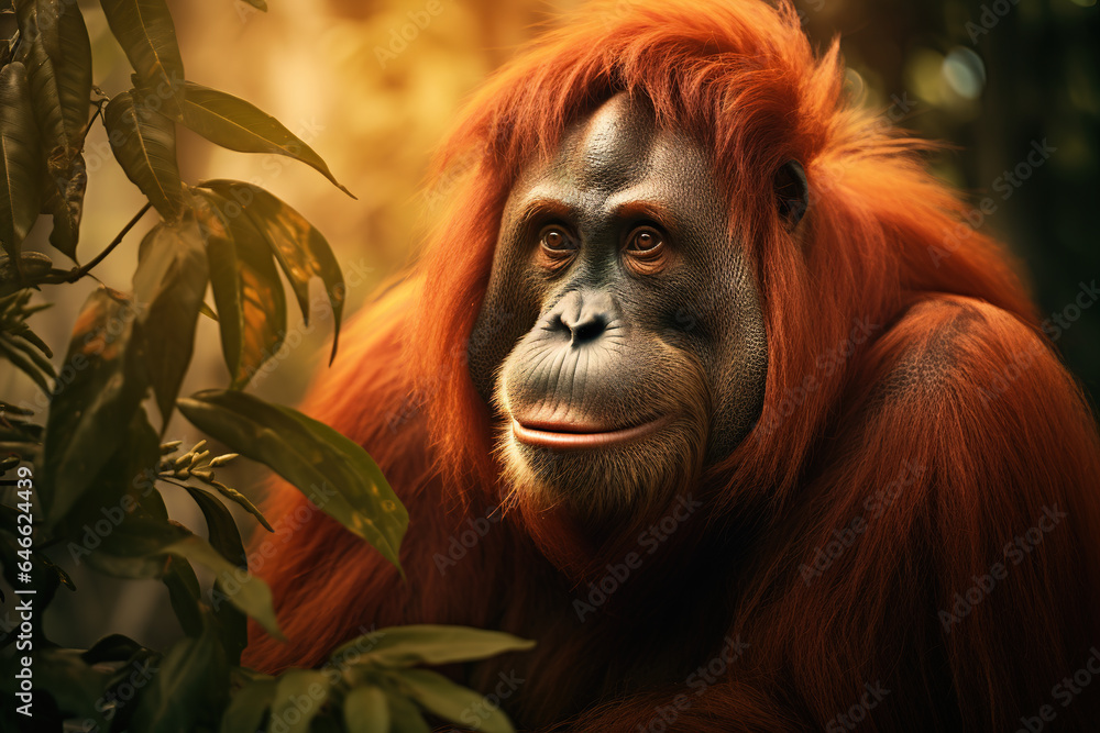 Image of orangutan orange monkey in the forest, Wildlife Animals., Generative AI, Illustration.