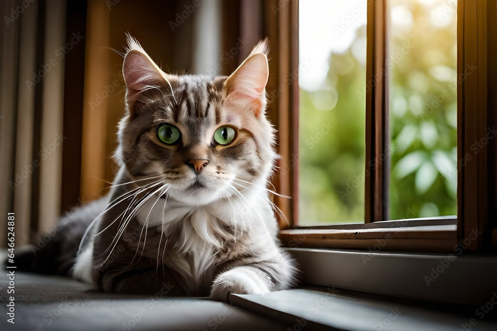 a cat on transparent background,near to room window