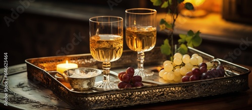Vintage home decor, including old-style retro candles and wine glass on a tray, showcased on a light-toned table.