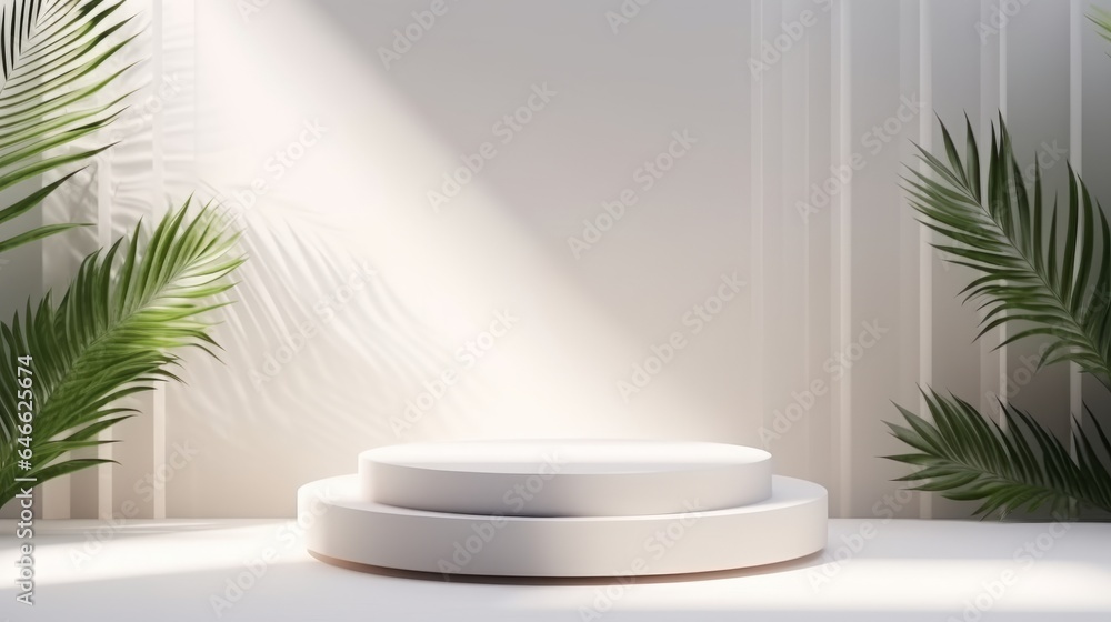 Product podium background display white 3D green leaf plant shadow platform. Beauty cosmetic podium product stand nature scene presentation leaves space wood design abstract concept. Generative AI Product podium background display white 3D green leaf plant shadow platform. Beauty cosmetic podium product stand nature scene presentation leaves space wood design abstract concept. Generative AI