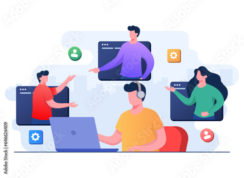 Customers asking questions from male hotline operator flat illustration, Online customer support, Helping to solve problems, Technical support, telemarketing operator, Assistance, Remote consultant