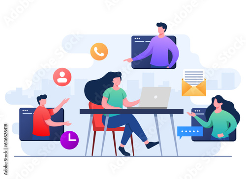 Business people meet online, Female employee speak on video call with coworkers on laptop at home, Video Conference, Team thinking and brainstorming, Remote working, Virtual meeting, Teleconference,