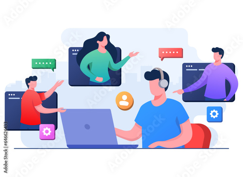 Customers asking questions from male hotline operator flat illustration, Online customer support, Helping to solve problems, Technical support, telemarketing operator, Assistance, Remote consultant