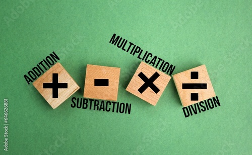 wooden squares with plus, minus, multiplication and division symbols. Four Basic Mathematical Operations. learning mathematics