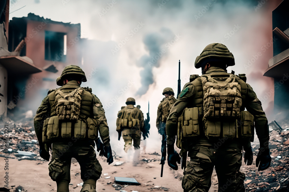 Fototapeta premium Squad Of Soldiers In Destroyed City