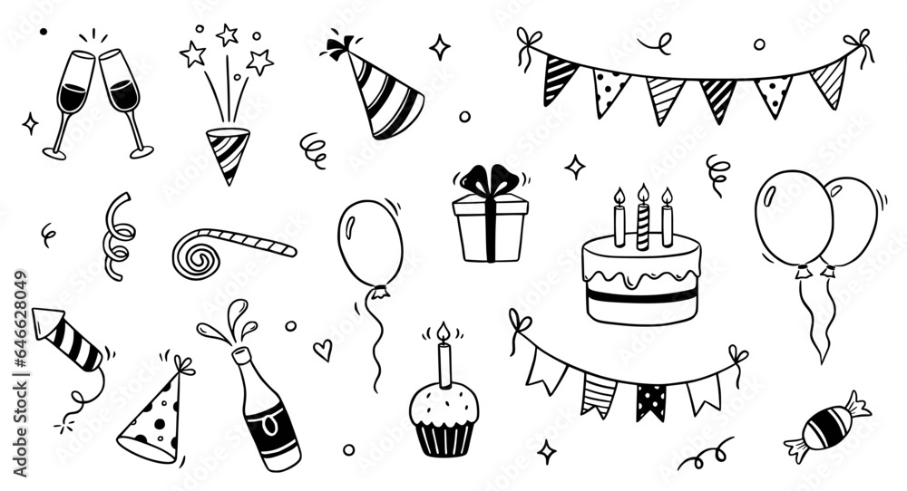 custom made wallpaper toronto digitalBirthday doodle icon element. Hand drawn sketch doodle birthday cake, balloon, event decoration element. Party, carnival celebration concept background. Vector illustration