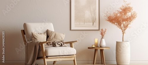 Template for a cozy home decor with stylish elements such as an elegant beige armchair  a brown mock up poster frame  a lamp  and dried flowers on a carpet.