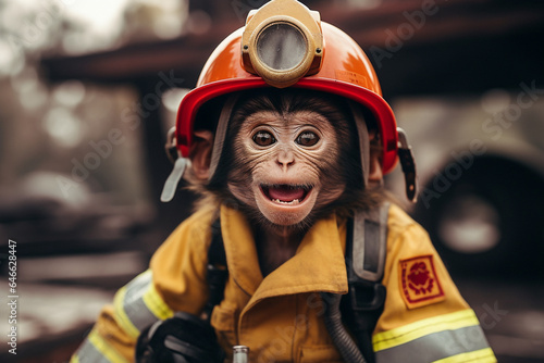 cute monkey wearing firefighter uniform photo