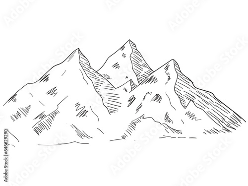 Hand drawn highland mountain landscape with snowy ridge