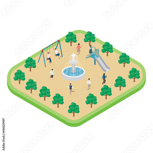 アイソメトリック_噴水のある公園で遊ぶ子どもたちのイラスト