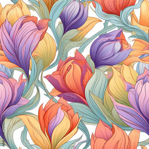 Delicate tulip blooms with swirling leaf elements seamless pattern  AI Generated