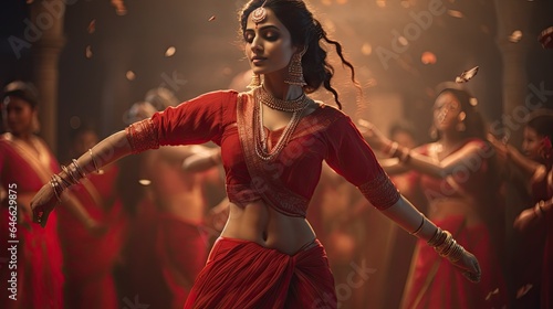 Beautiful Indian girl Hindu female model in sari and kundan accessories red traditional costume of india