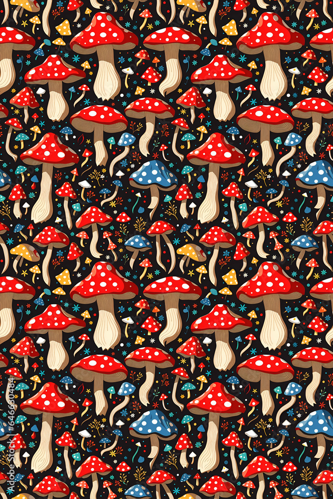 Amanita mushrooms seamless pattern. Red poisonous mushroom. Abstract background. Vector illustration. Autumn mushroom collection season. Amanita mushrooms seamless pattern. Red poisonous mushroom. Abstract background. Vector illustration. Autumn mushroom collection season.