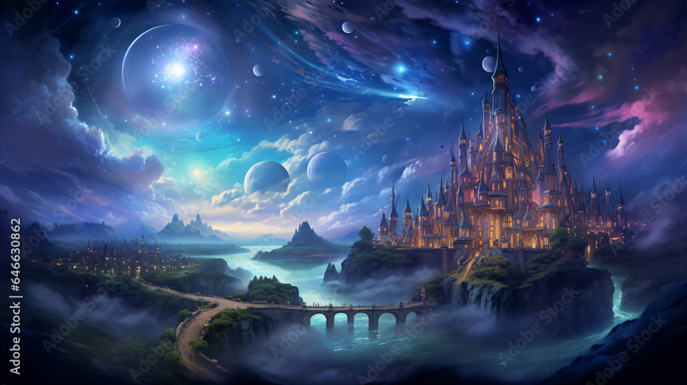 ファンタジーな天体の夜の星空を背景に、崖の上にある大きなお城