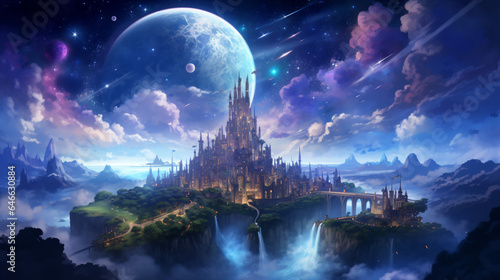 ファンタジーな天体の夜の星空を背景に、崖の上にある大きなお城 © dont