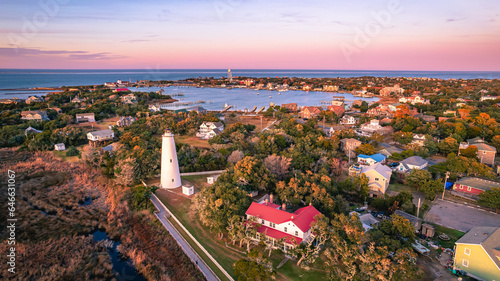 Aerial view of Ocracoke Lighthouse on Ocracoke Island , North Carolina at sunset. photo