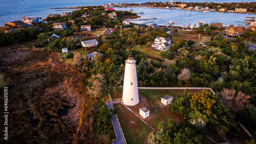 Aerial view of Ocracoke Lighthouse on Ocracoke Island , North Carolina at sunset. photo