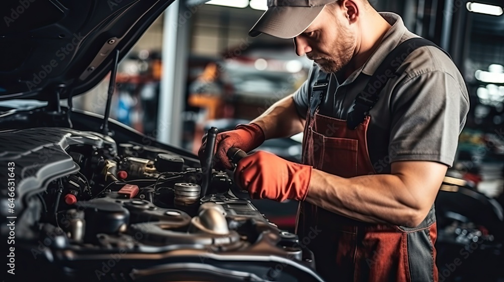 Professional mechanic working in auto repair shop. Car service and maintenance concep Professional mechanic working in auto repair shop. Car service and maintenance concep