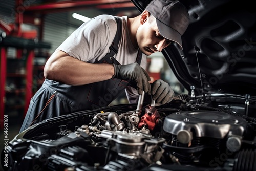 Professional mechanic working in auto repair shop. Car service and maintenance concep