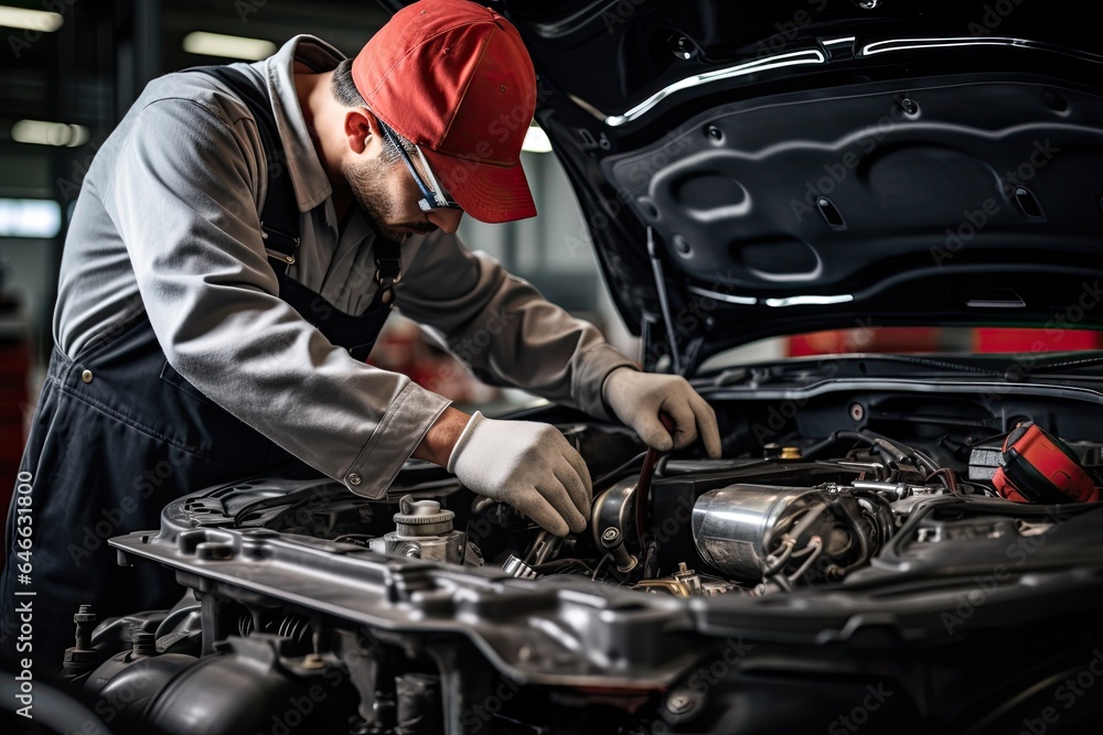Professional mechanic working in auto repair shop. Car service and maintenance concep Professional mechanic working in auto repair shop. Car service and maintenance concep