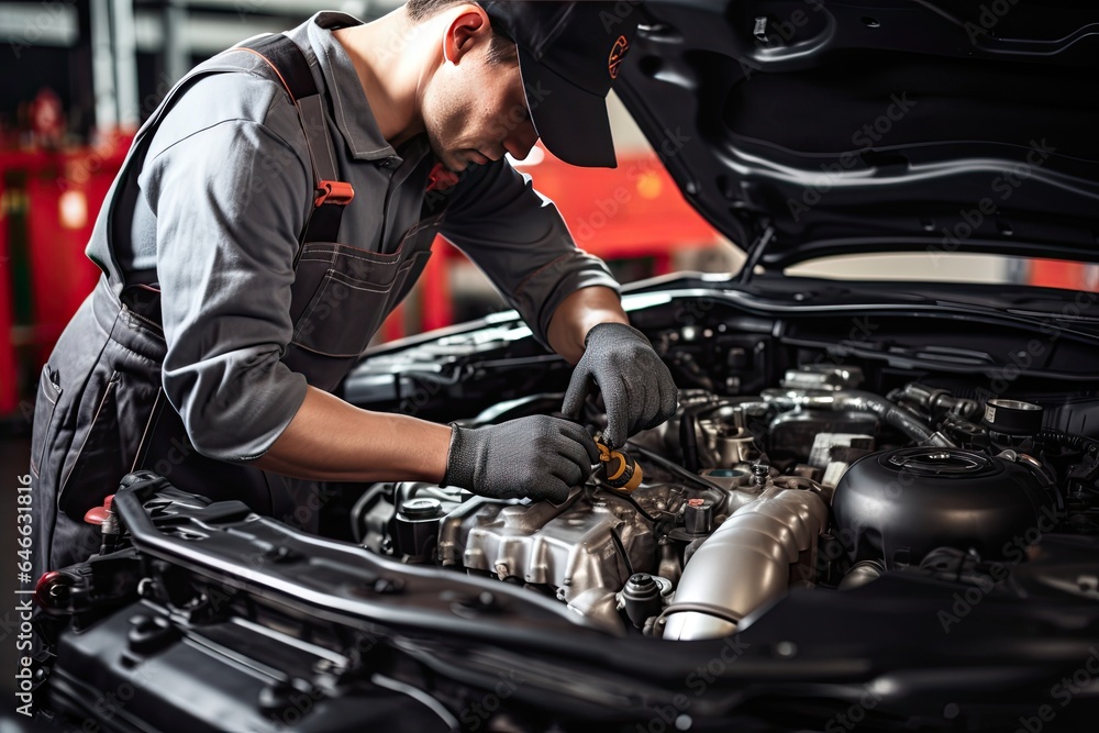 Professional mechanic working in auto repair shop. Car service and maintenance concep Professional mechanic working in auto repair shop. Car service and maintenance concep