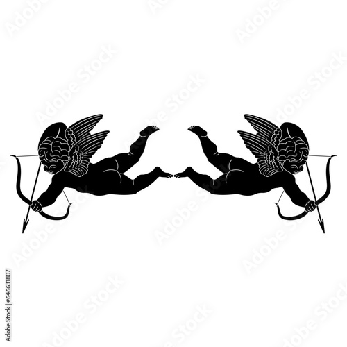 Fototapeta Symmetrical design with two flying Cupids or Amurs with bows and arrows