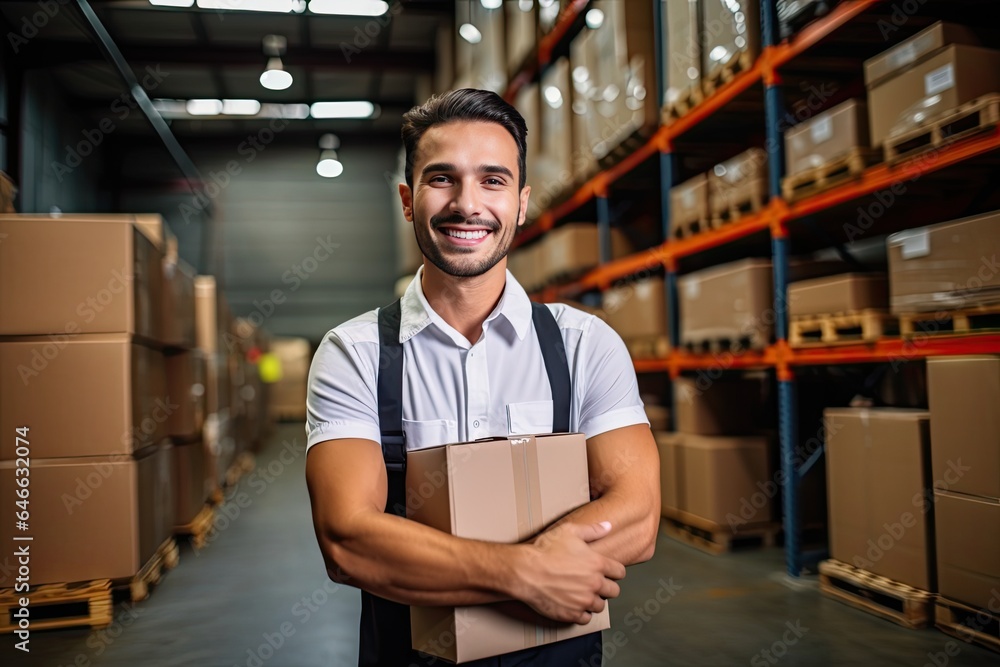 Smiling warehouse worker holding boxes in warehouse. This is a freight transportation and distribution warehouse. Industrial and industrial workers concept Smiling warehouse worker holding boxes in warehouse. This is a freight transportation and distribution warehouse. Industrial and industrial workers concept