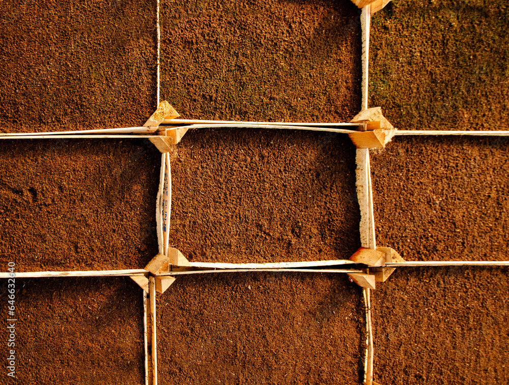 Top view of wooden crates filled with fertilized soil, ready for planting seedlings Top view of wooden crates filled with fertilized soil, ready for planting seedlings