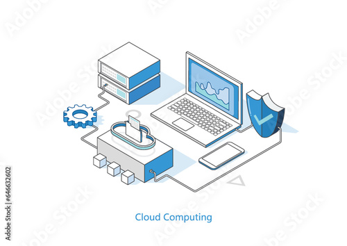 Cloud computing modern flat design isometric concept. Including Servers, Storage, Databases, Connection Technology. illustrator vector.