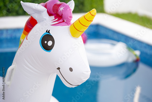 Cabeza de Unicornio inflable con alberca en el fondo y flotador photo