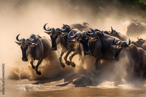 Wildebeests are crossing river. National Park © DavidGalih | Dikomo.